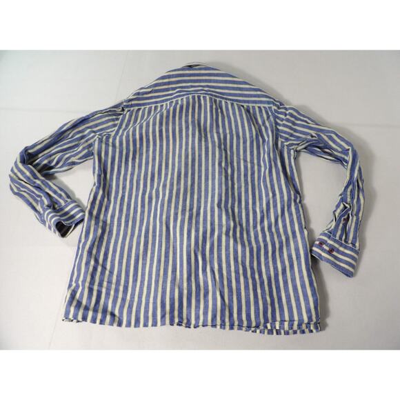 John Hill Shirt Irish Linen Mens Sz 40 Large Button Up Vertical Stripe Blue Vaca - Picture 11 of 14